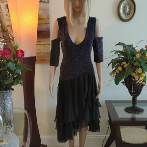 Sparkle Black Cold-Shoulder V-Neck Ruffle Midi Dress